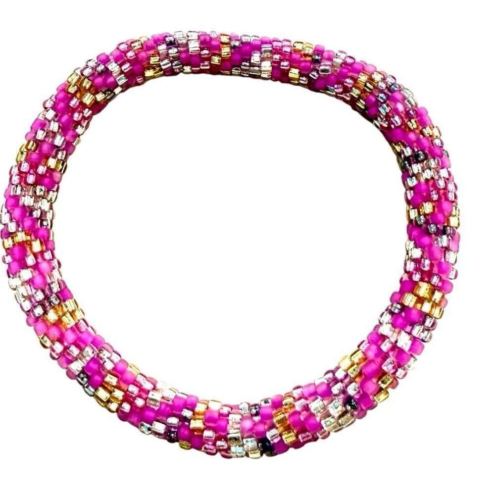 Vintage NWOT Aid Through Trade Roll-On Glass Beads Stretch Pink Gold Bracelet
